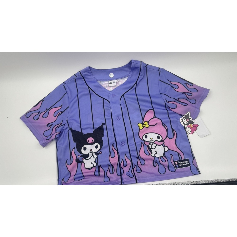 Sanrio Kuromi My Melody Purple Pink Mesh Button Front Tee S Lightweight